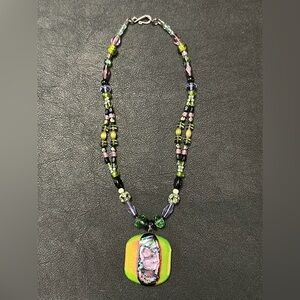 Dichroic Glass Pendant & Glass Beads Shepherd Hook Necklace